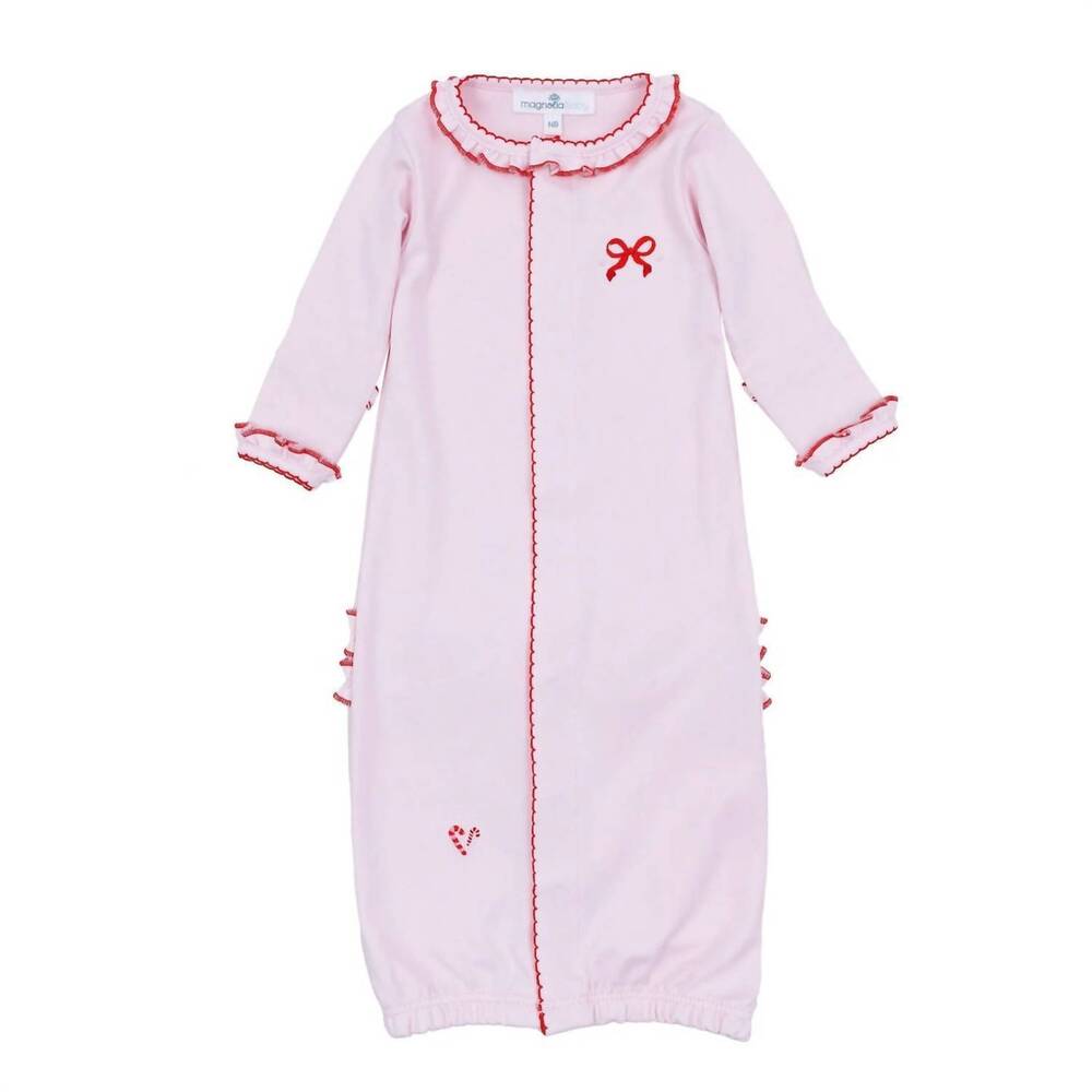 NEW MAGNOLIA BABY girl's candy cane ruffle long sleeve converter gown in red